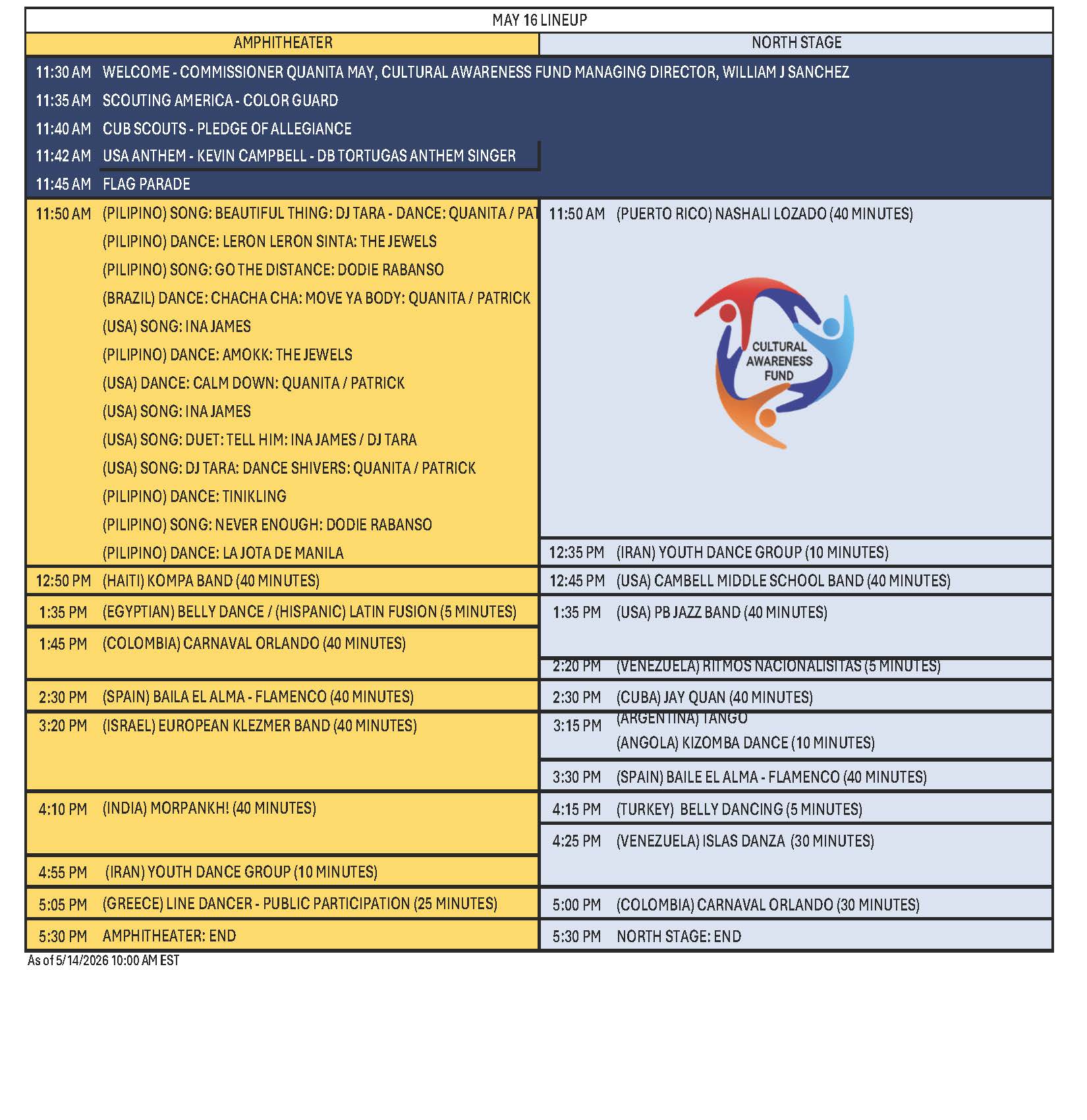 2026 Daytona Beach International Festival, Saturday May 16 Music and Dance Lineup